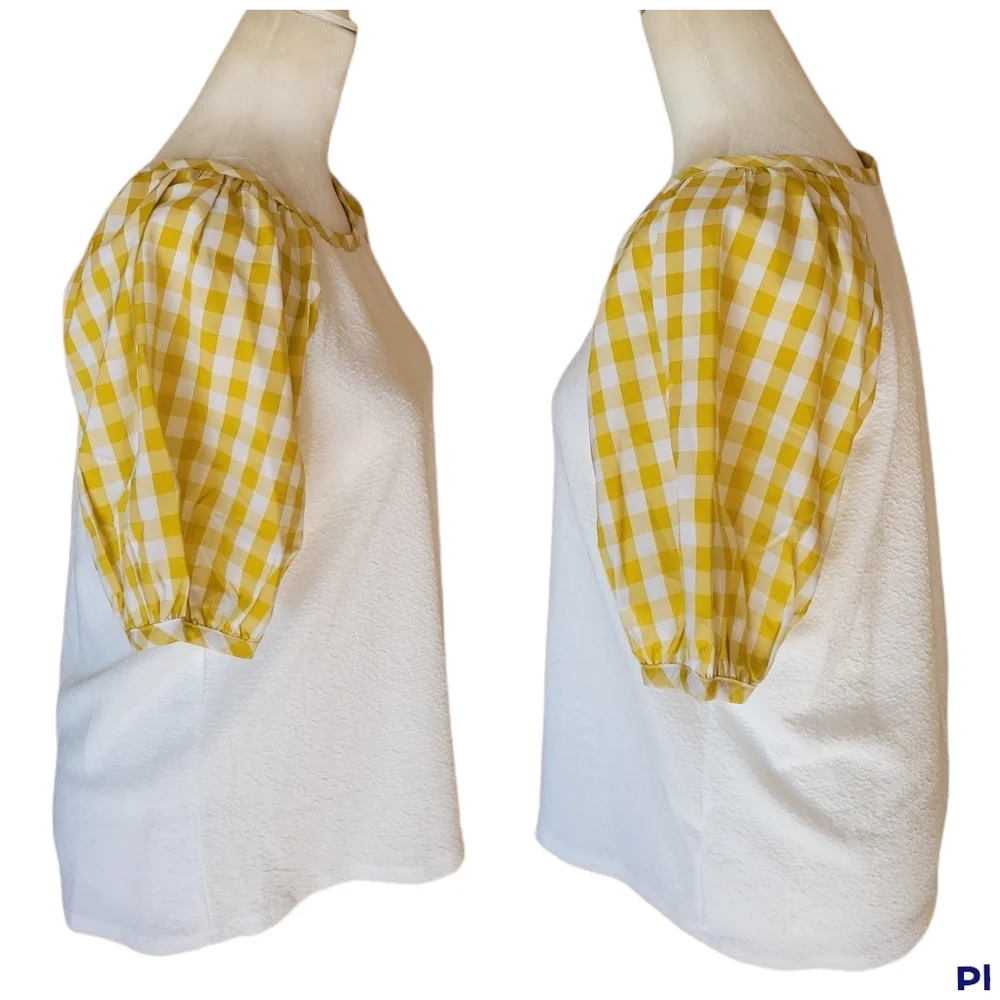 Anthro Sunday in Brooklyn | White Yellow Gingham Puff Sleeve Top Med